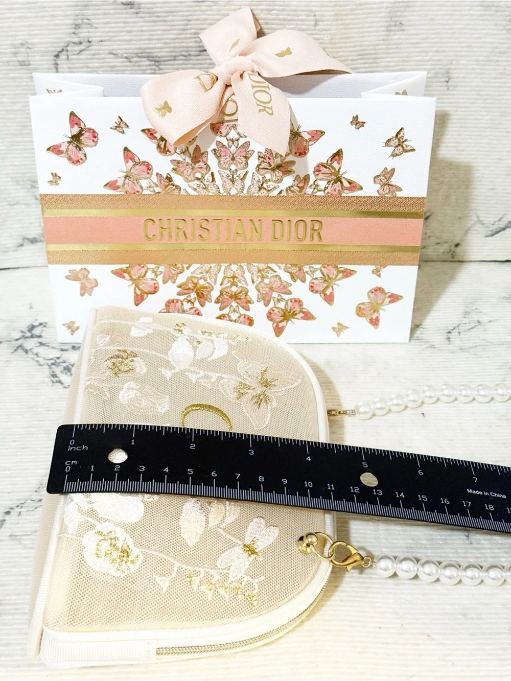 Dior Beauty Butterfly Floral Embroidered Mesh Pouch with Pearl Strap & Gift Bag